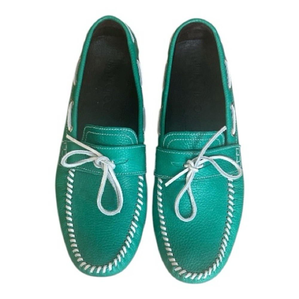 Jimmy Choo Men's Green Leather Loafers Moccasins with White Accents Size US 13